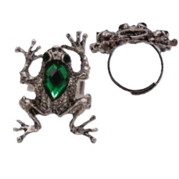 Verstelbare ring Kikker met groen strass