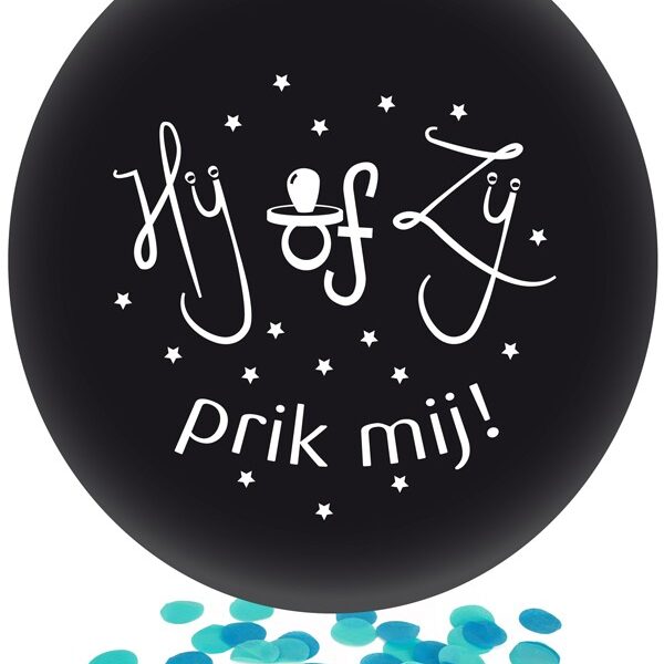 Ballon Hij of Zij zwart met blauw confetti 24 inch