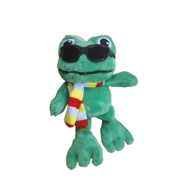 Pluche kikker met bril en sjaal
