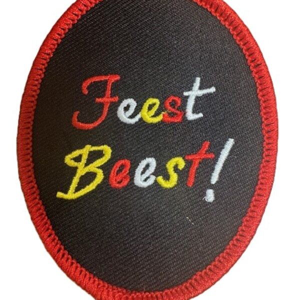 Embleem feestbeest rood wit geel