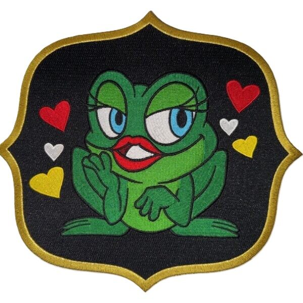 Rug embleem kikker zwart met gouddraad met hartjes