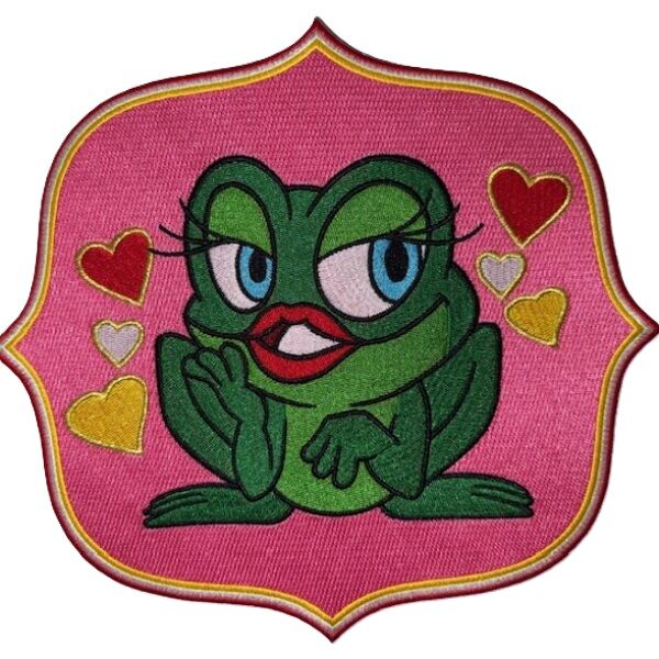 Rug embleem kikker roze met hartjes